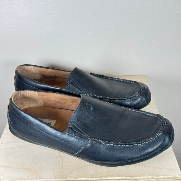 Olukai men’s Loafers Akepa Moc Black Leather 10M Driving Casual Shoes - Picture 1 of 9